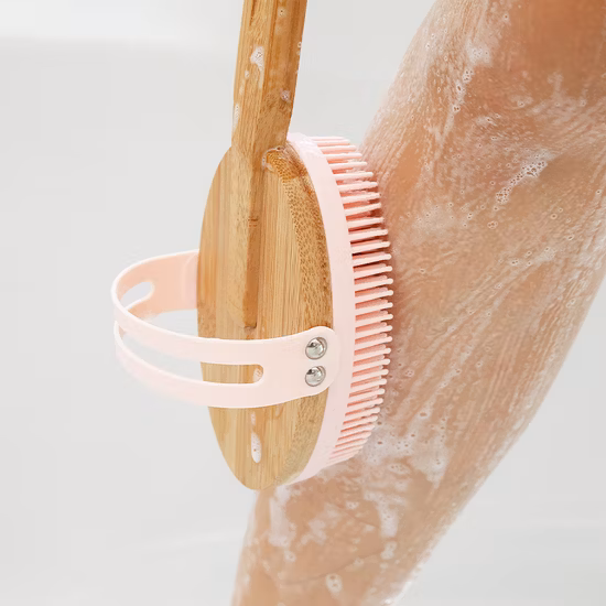 Cepillo de baño de bambú, cepillo de masaje de silicona, cepillo exfoliante, cepillo corporal para ducha